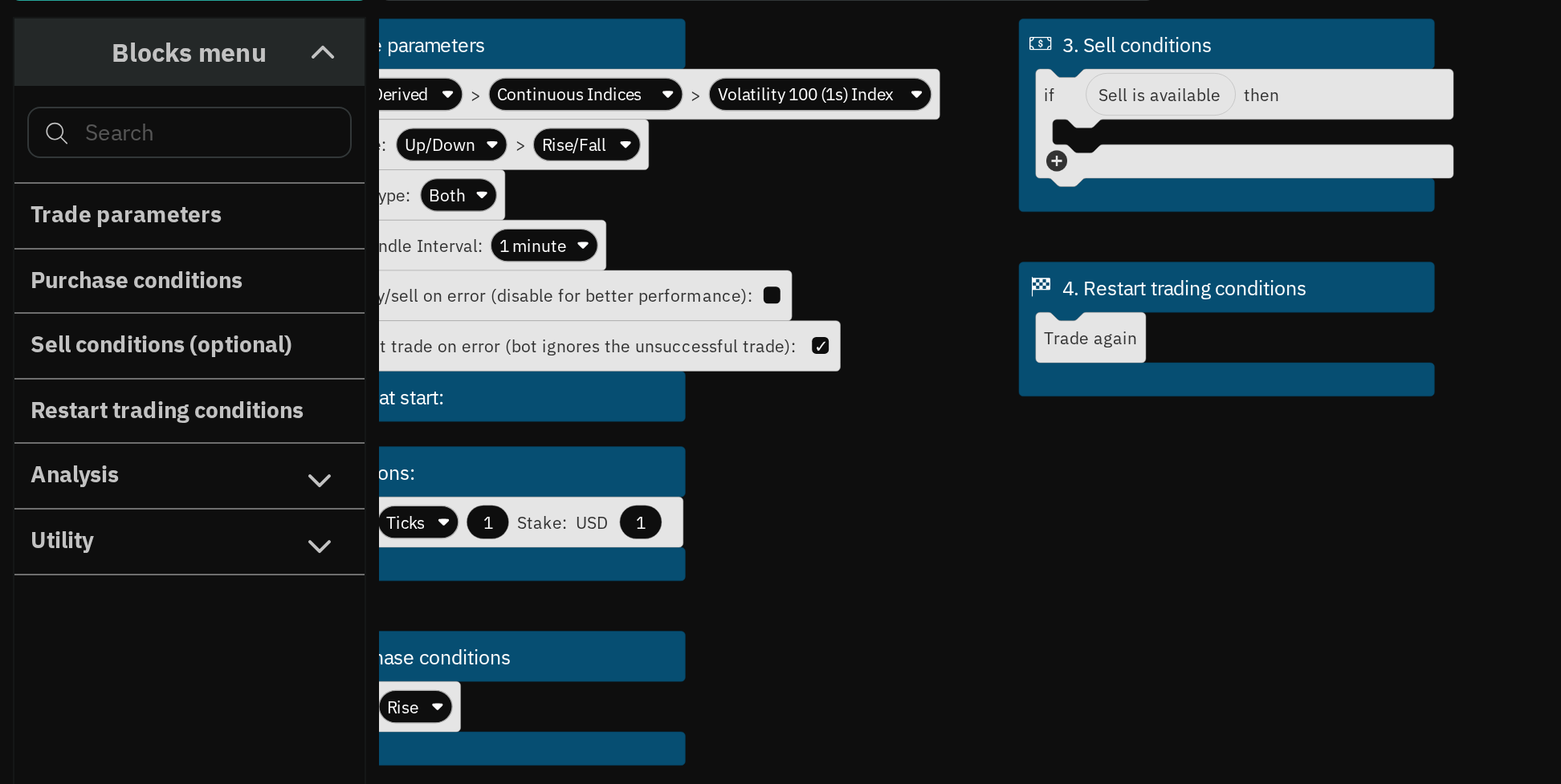 The no-code Deriv Bot Builder in BinaryTick: trade parameter, sell condition and restart condition blocks assembled on a canvas beside the blocks menu.