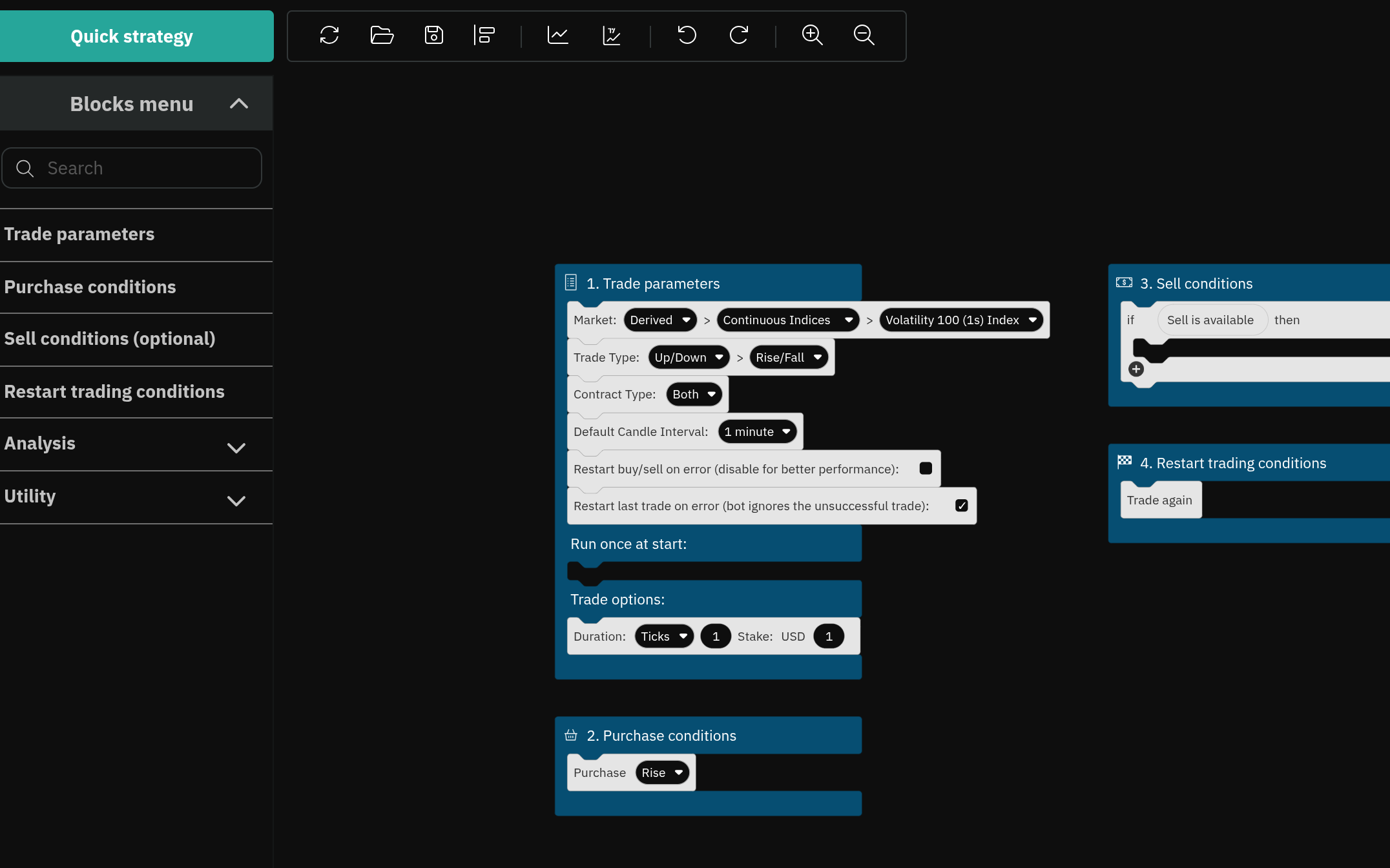 Der Deriv Bot Builder ohne Code in BinaryTick: Blöcke für Handelsparameter, Kauf, Verkauf und Neustart auf einer Arbeitsfläche neben dem Blockmenü.