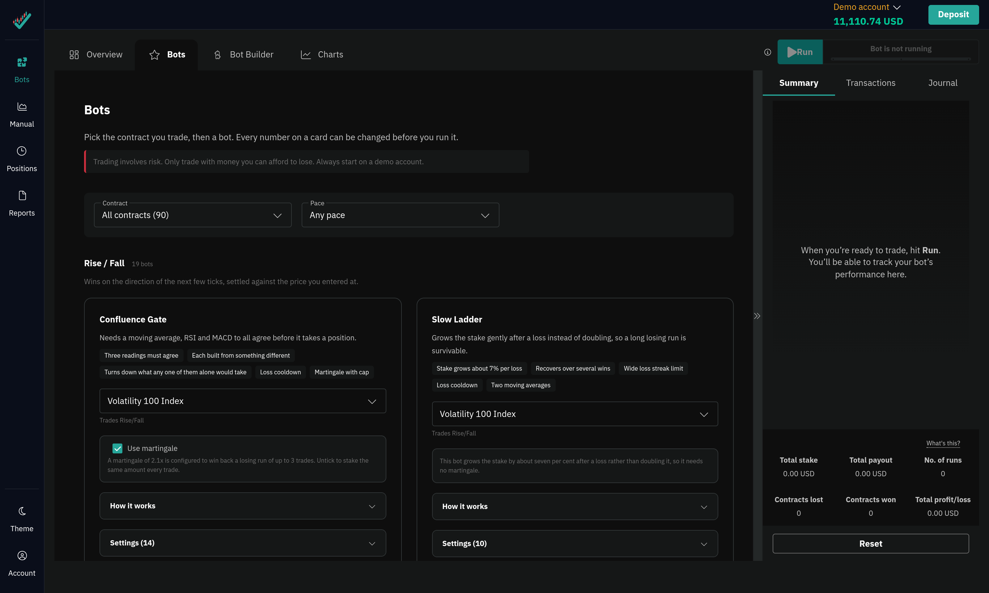 Kostenlose, fertige Deriv-Trading-Bots in BinaryTick: der Bots-Tab, nach Kontrakttyp gefiltert, mit jeder Strategie, was sie tut und womit sie handelt, neben dem Start-Bereich.