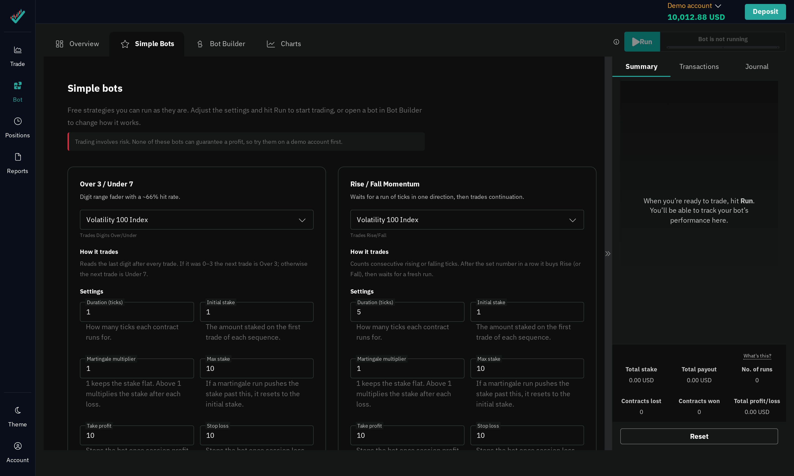 Free ready-made Deriv trading bots in BinaryTick: the Simple Bots tab listing each strategy with its stake, martingale and stop loss settings, beside the run panel.